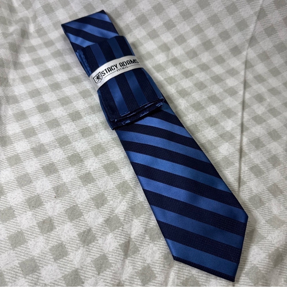Stacy Adams Men's Tie Pocket Square Set Blue Striped Microfiber 3.25" Wide